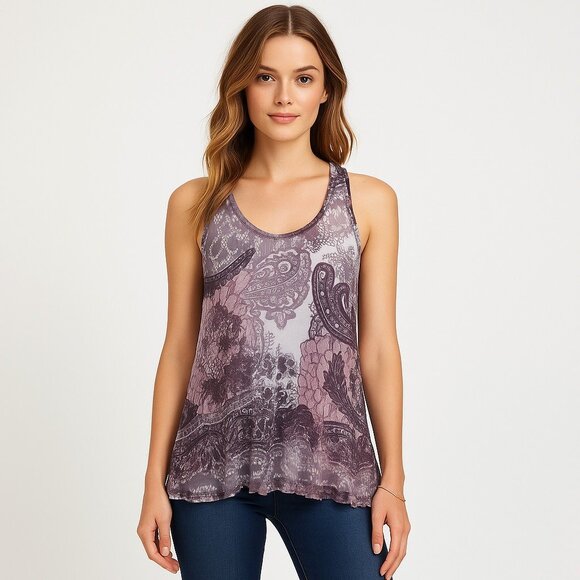 Fang Purple Sheer Lace Tank Top Boho Y2K Paisley Racerback Womens Size L Grunge - Picture 1 of 12